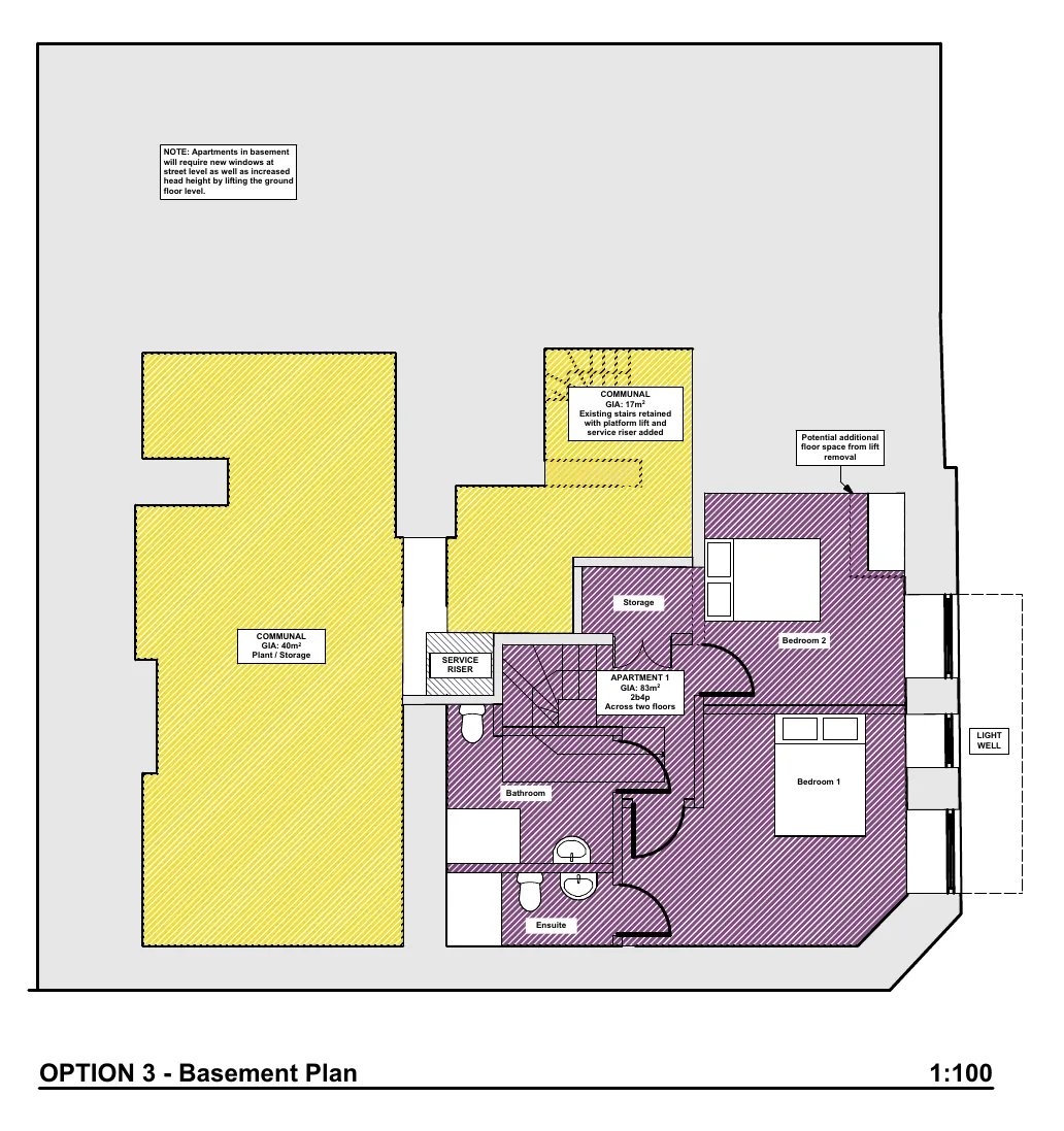 Option 3 basement plan for 74 Allitsen Road: communal plant and storage beside a two-floor apartment