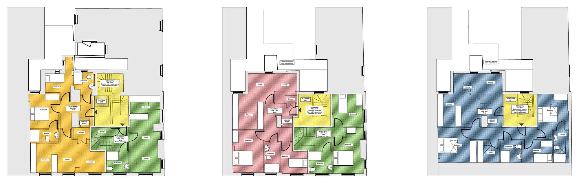 Option 3 upper floor plans for 74 Allitsen Road, apartments 3 to 6 colour-coded
