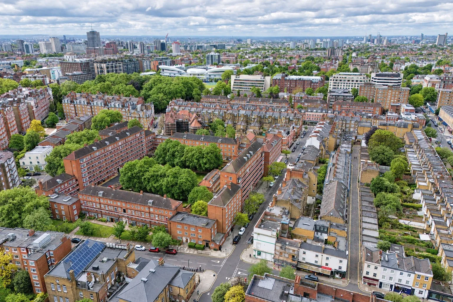 Drone view of a corner site in St John's Wood and the streets around it