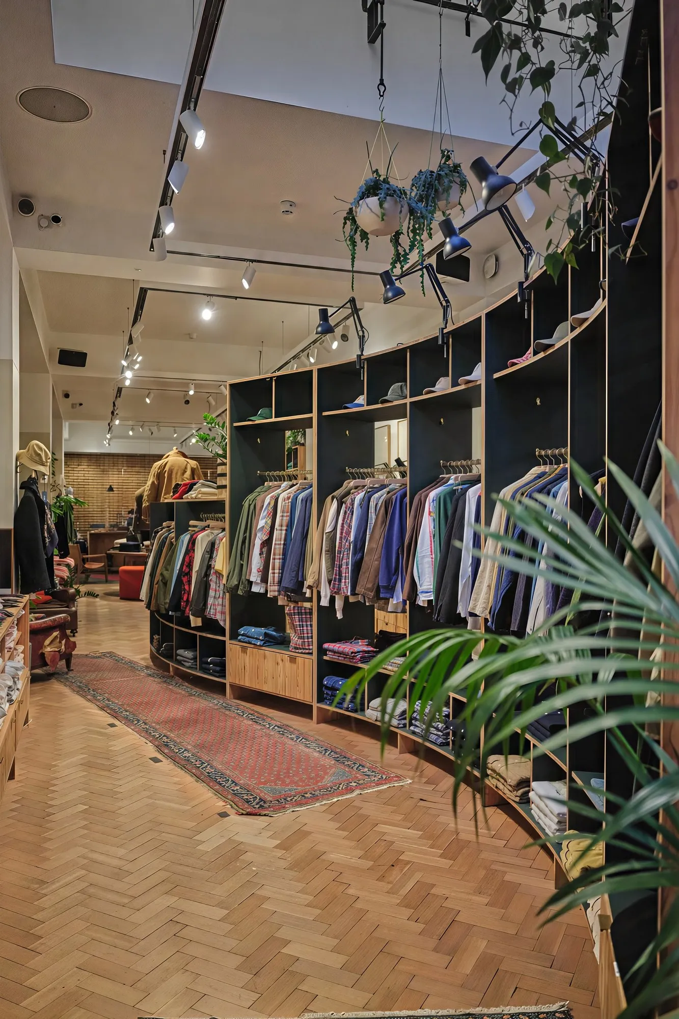 Curved timber shelving with jackets and plants, seen from the shop floor