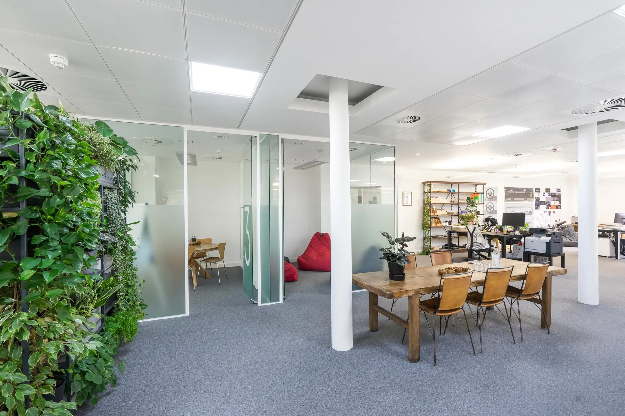 Living wall beside glazed meeting rooms and a timber team table at Beaumont House