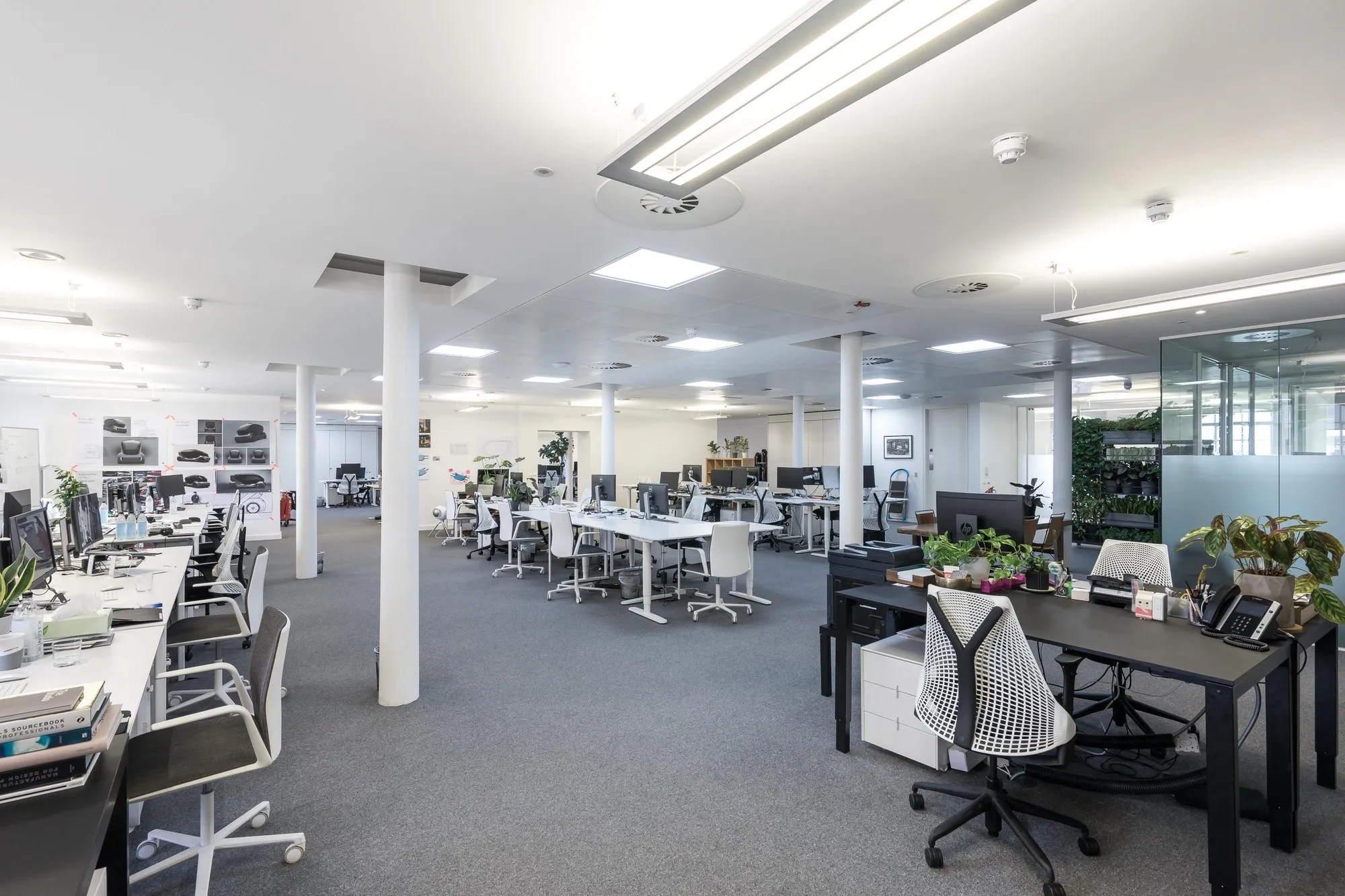 Open-plan office floor at Beaumont House with desk clusters, plants and a glazed meeting room