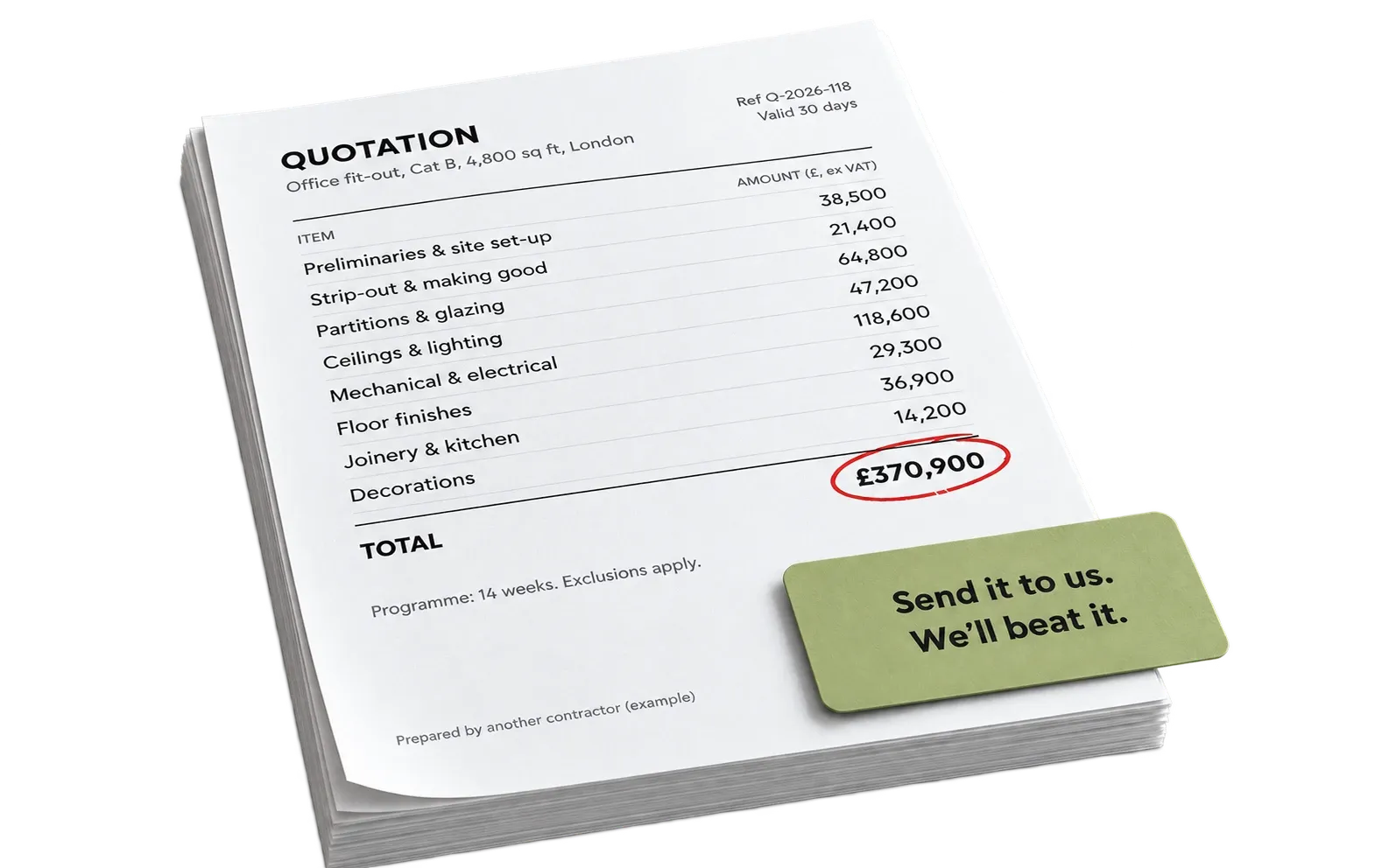Example quotation from another contractor with the total circled, and the note: send it to us, we will beat it