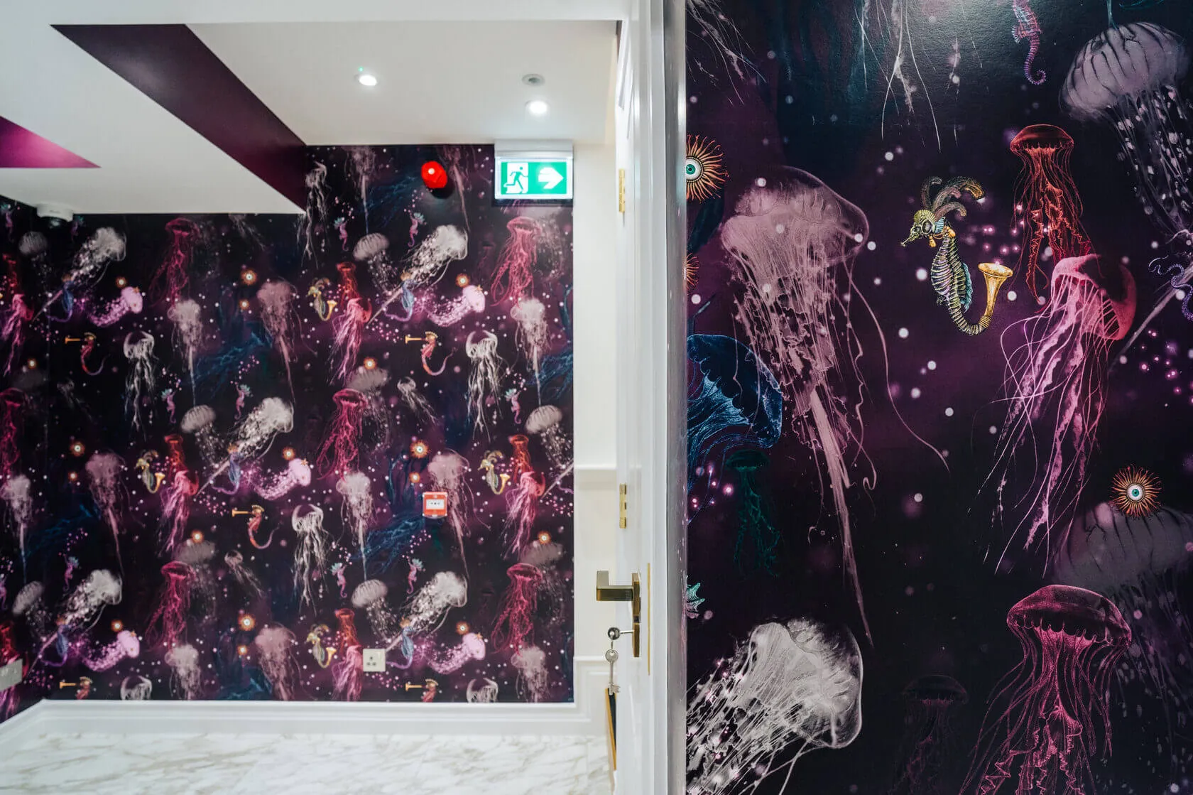 Treatment room at Medusa in Knightsbridge with jellyfish wallpaper, fitted out by Craftex